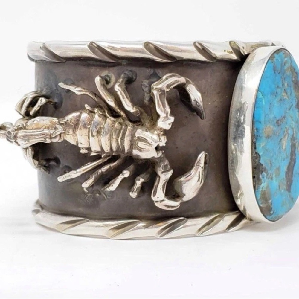 San Felipe Jacob Troncosa Silver and Turquoise Scorpion Cuff Bracelet - Picture 2 of 14